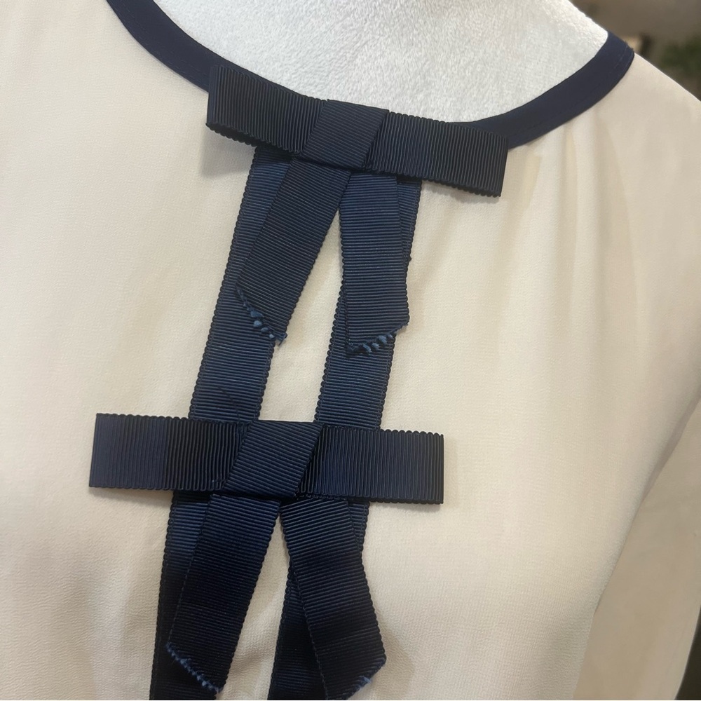 Comme Toi Cream and Navy Blue Sheer Back Button Top (L) EUC - Picture 4 of 5